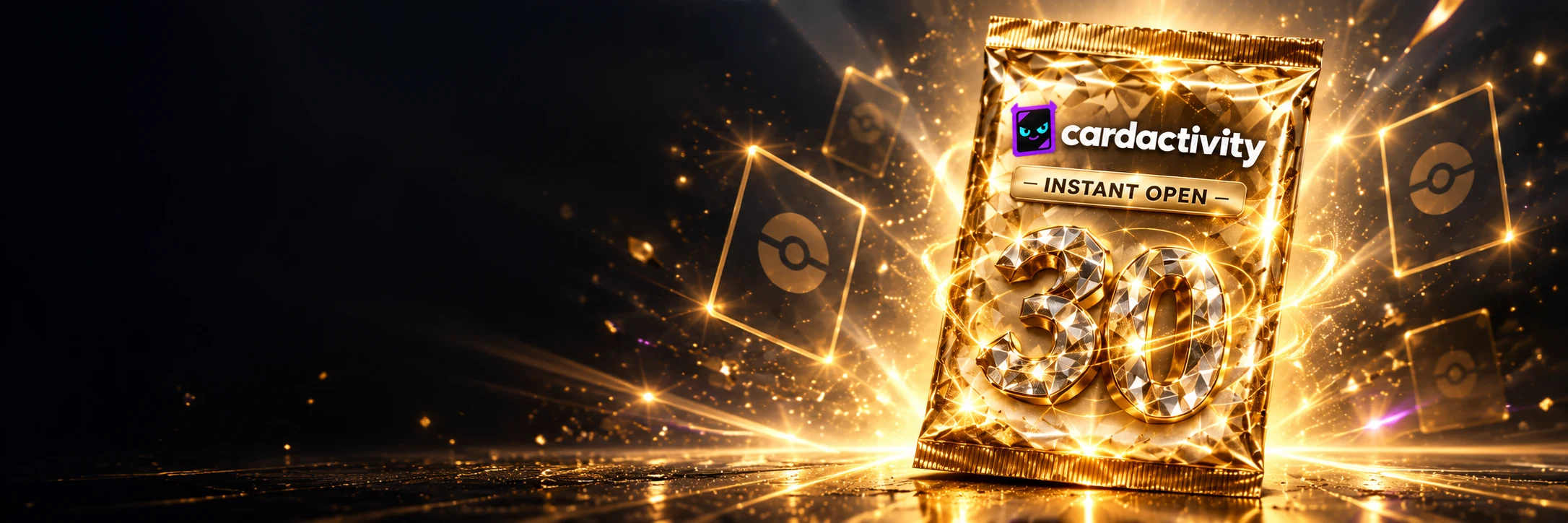 Gold 30th anniversary instant-open pack surrounded by celebratory gold light